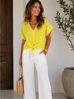 Sunny Yellow V-Neck Linen Blouse